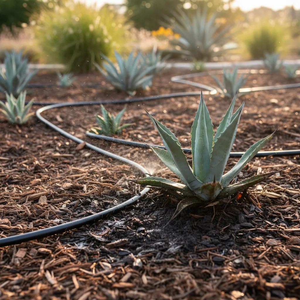 Drip irrigation system efficiently watering a drought-tolerant plant with mulch.