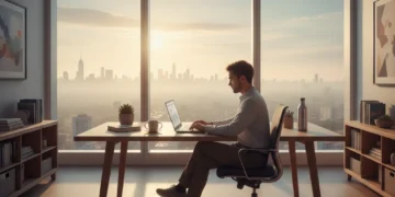 Person working productively at 5 AM in a modern office setting.