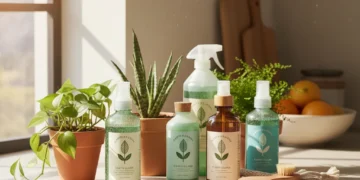Assortment of eco-friendly cleaning products on a kitchen counter with plants, symbolizing a clean and green home.