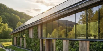 Modern eco-friendly house with solar panels and green walls