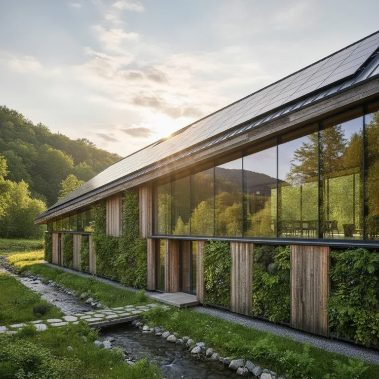 Modern eco-friendly house with solar panels and green walls