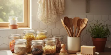 Eco-friendly kitchen with glass jars and sustainable products