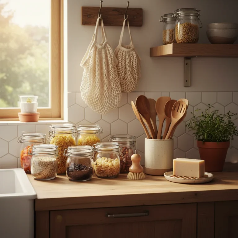 Eco-friendly kitchen with glass jars and sustainable products