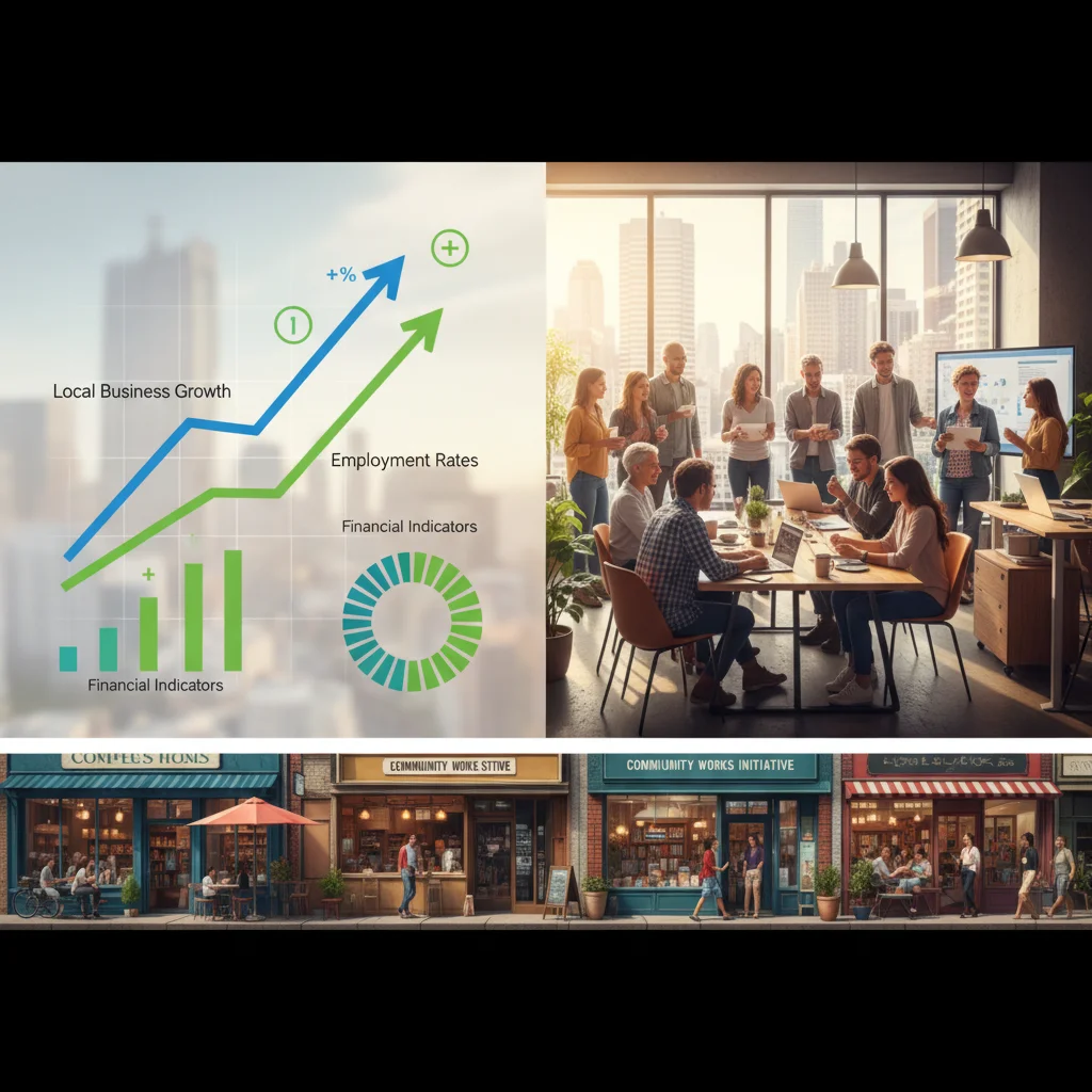 Graph illustrating economic growth with people working in diverse local businesses.