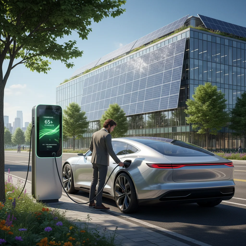 Modern electric vehicle charging at a public station with solar panels in background