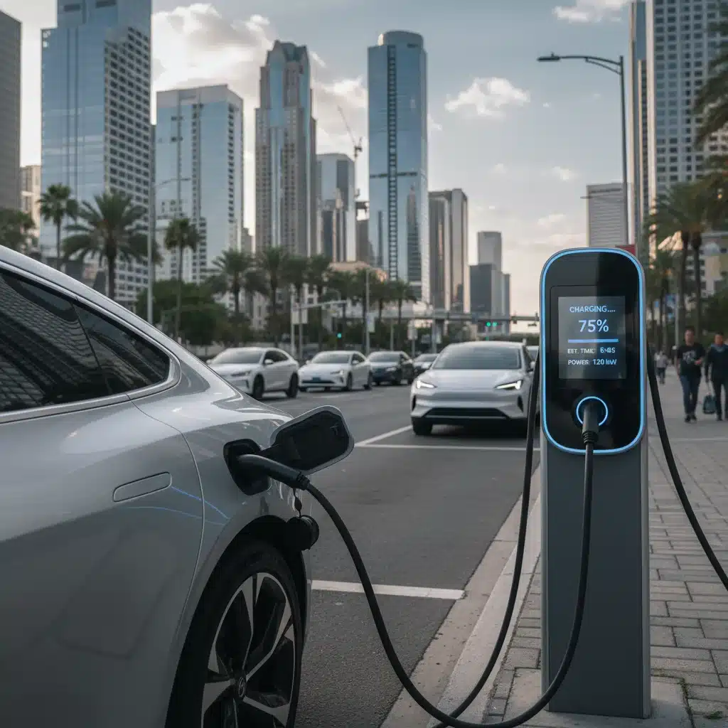 Electric vehicle charging at a public station, highlighting the convenience of EV infrastructure.