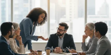 Professionals demonstrating emotional intelligence in a collaborative meeting