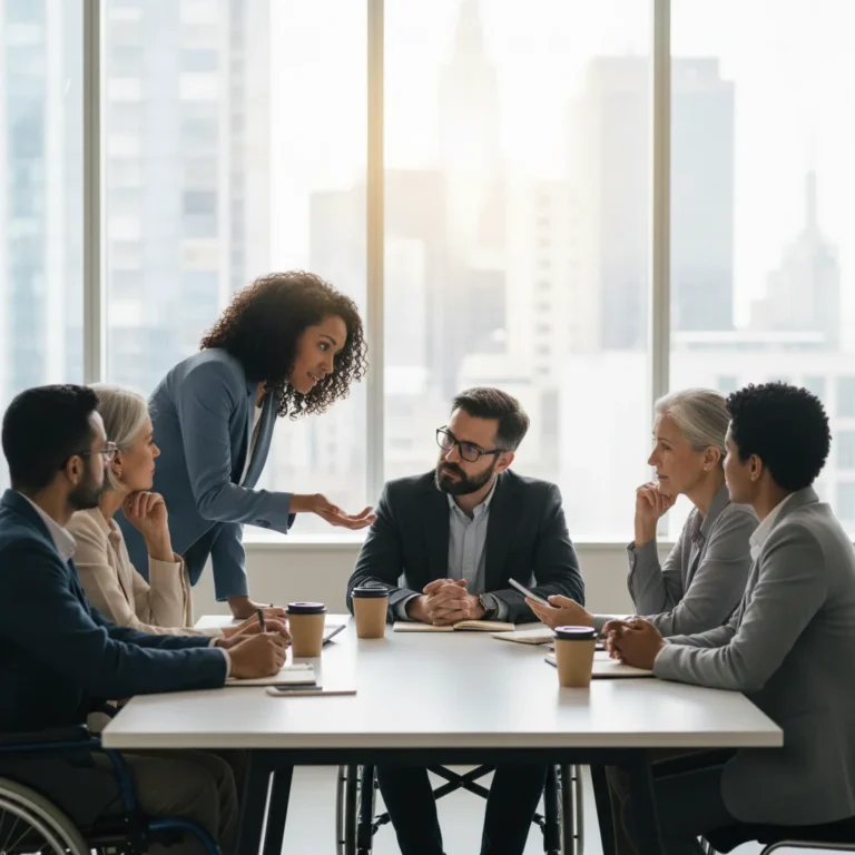 Professionals demonstrating emotional intelligence in a collaborative meeting