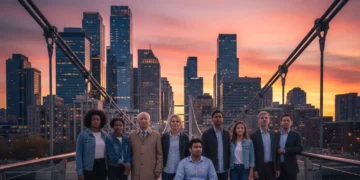 Diverse individuals showing emotional resilience facing city challenges