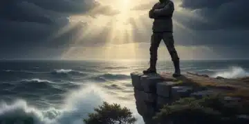 Person overlooking stormy sea, symbolizing emotional resilience and strength.