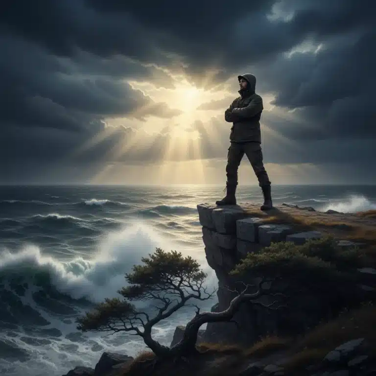 Person overlooking stormy sea, symbolizing emotional resilience and strength.