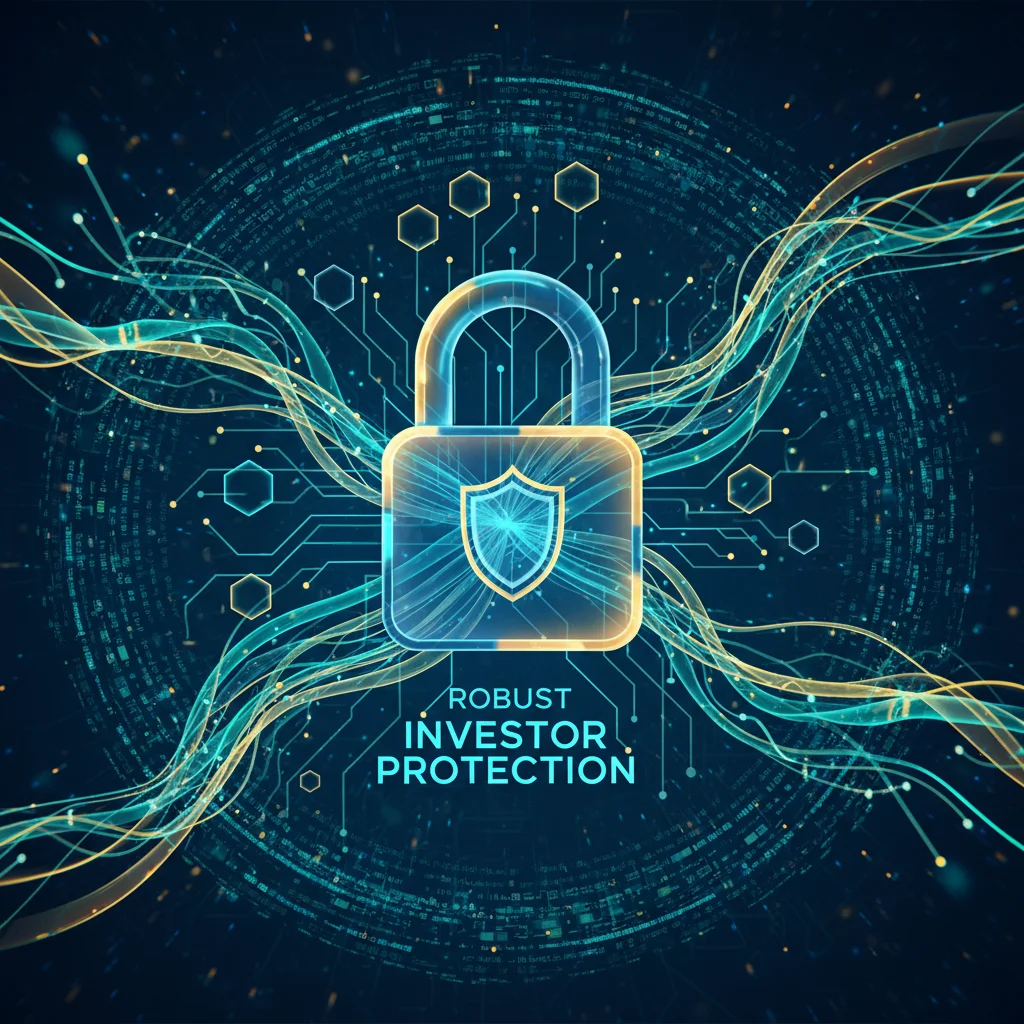 Digital illustration of secure data flow and investor protection.