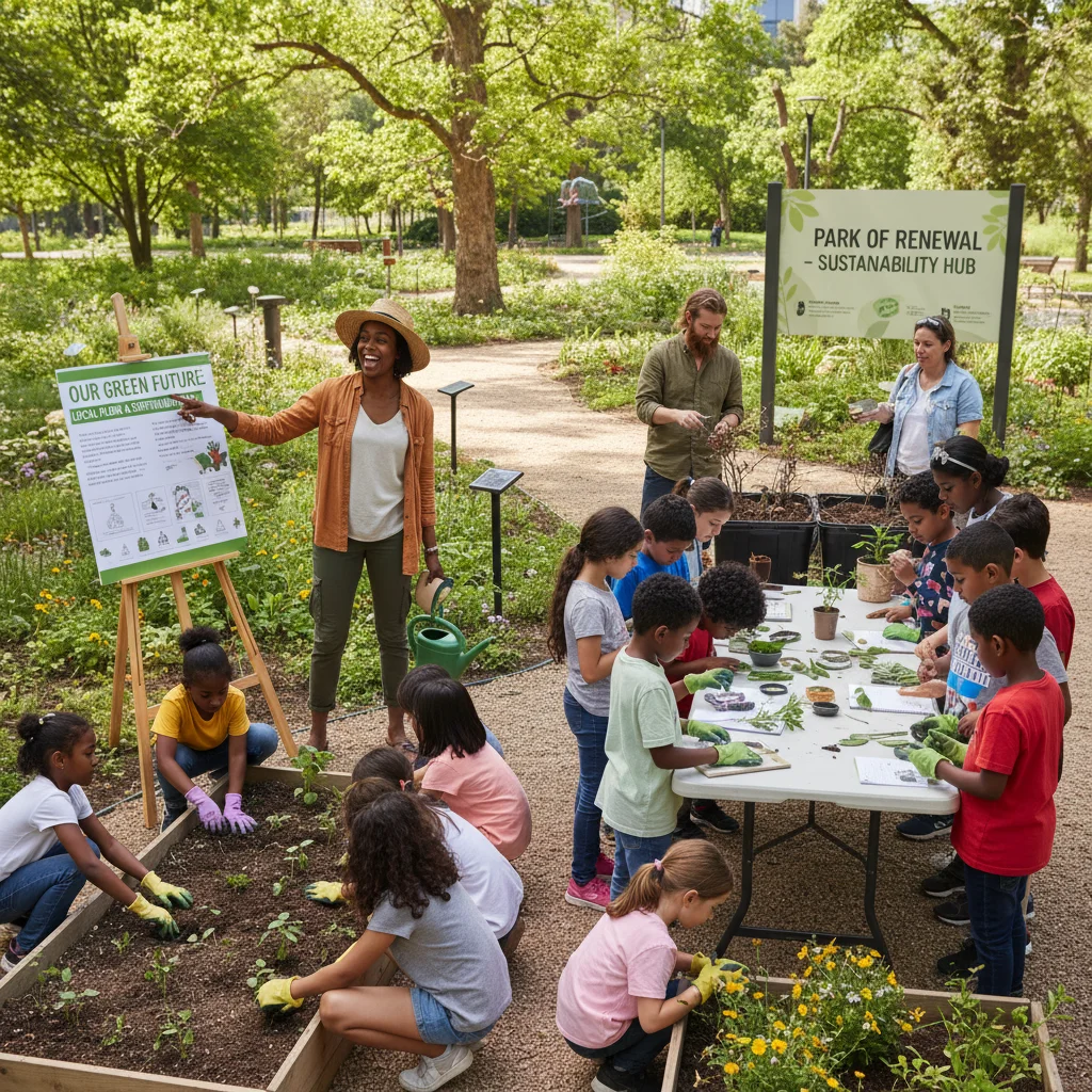 Community members engaged in an environmental education workshop in a local park, promoting sustainable practices.