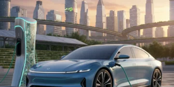 Electric vehicle charging at a modern public station in a city at dusk, representing advanced EV infrastructure by 2026.