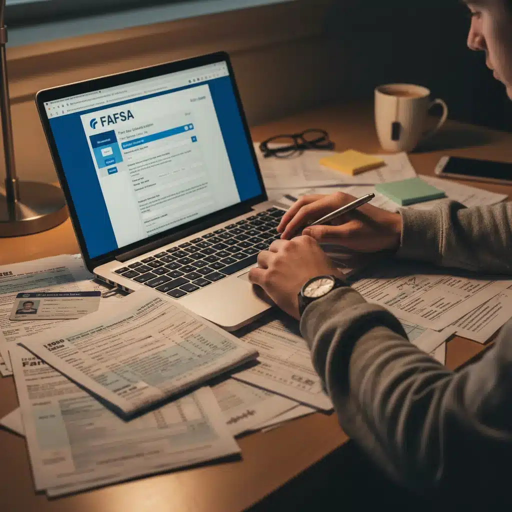 Student's hands completing a FAFSA form on a computer with financial documents.