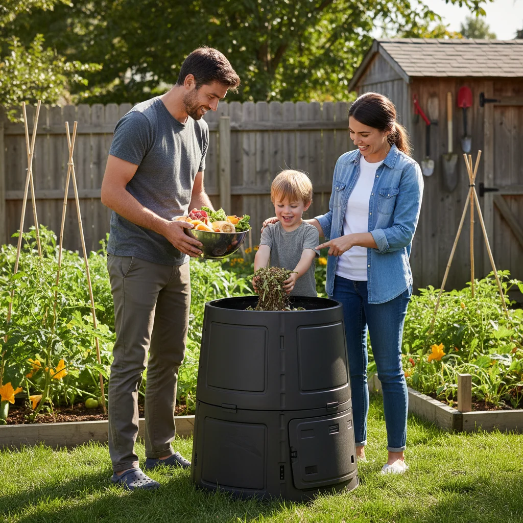 Family adding kitchen scraps to compost tumbler