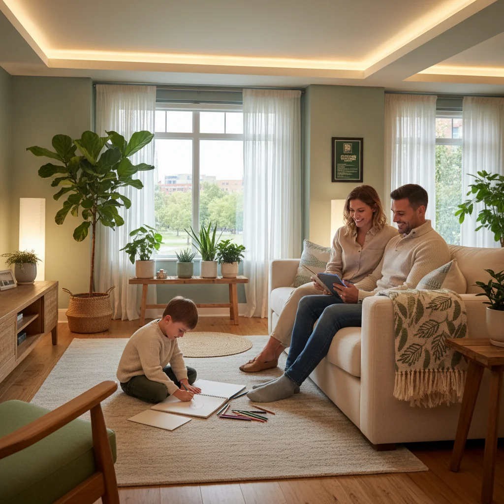 Happy family enjoying an energy-efficient home with LED lighting.
