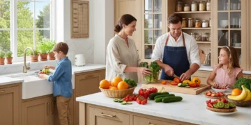 Family reduces food waste by organizing fresh produce in a modern kitchen, saving groceries.