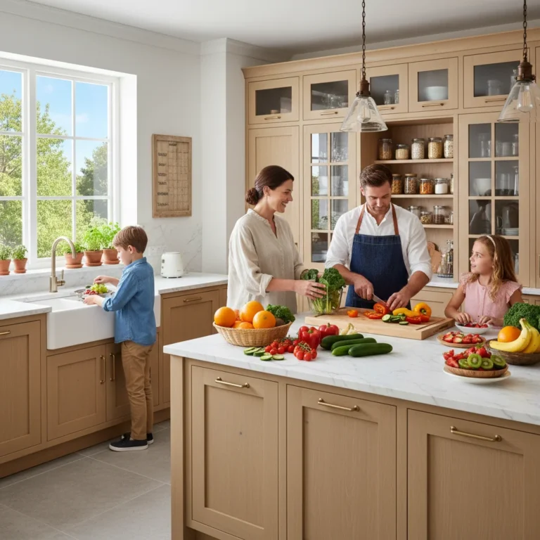 Family reduces food waste by organizing fresh produce in a modern kitchen, saving groceries.