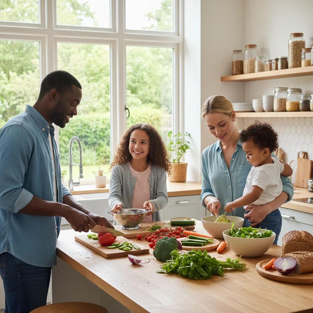 Family mindfully preparing healthy meal together