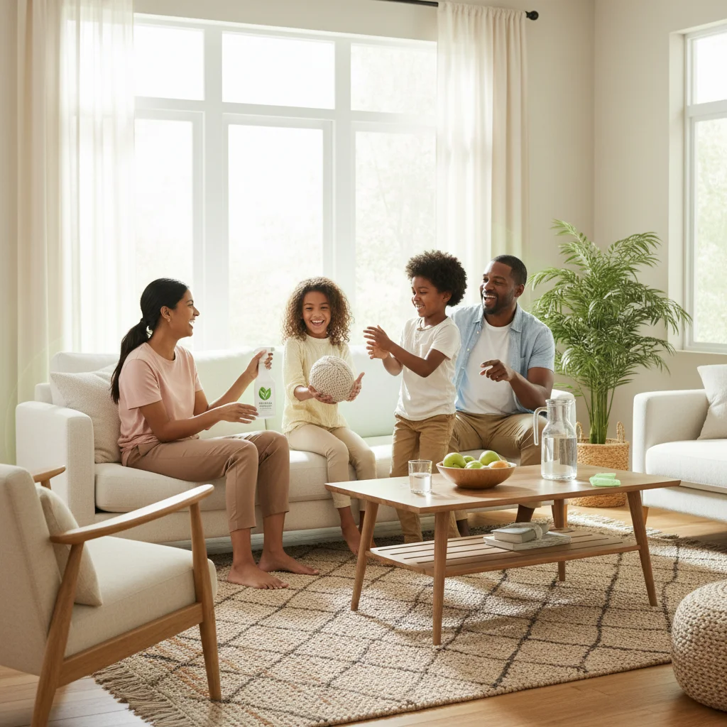 Happy family enjoying a clean, chemical-free living room, showcasing benefits of eco-friendly cleaning.