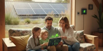 Family tracking household carbon footprint on a tablet in an eco-friendly home.