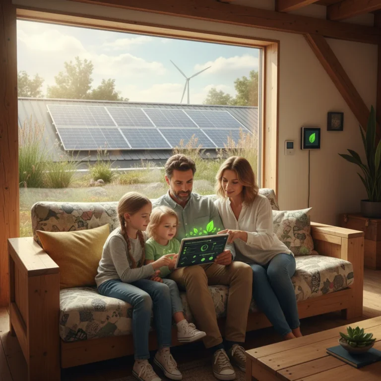 Family tracking household carbon footprint on a tablet in an eco-friendly home.