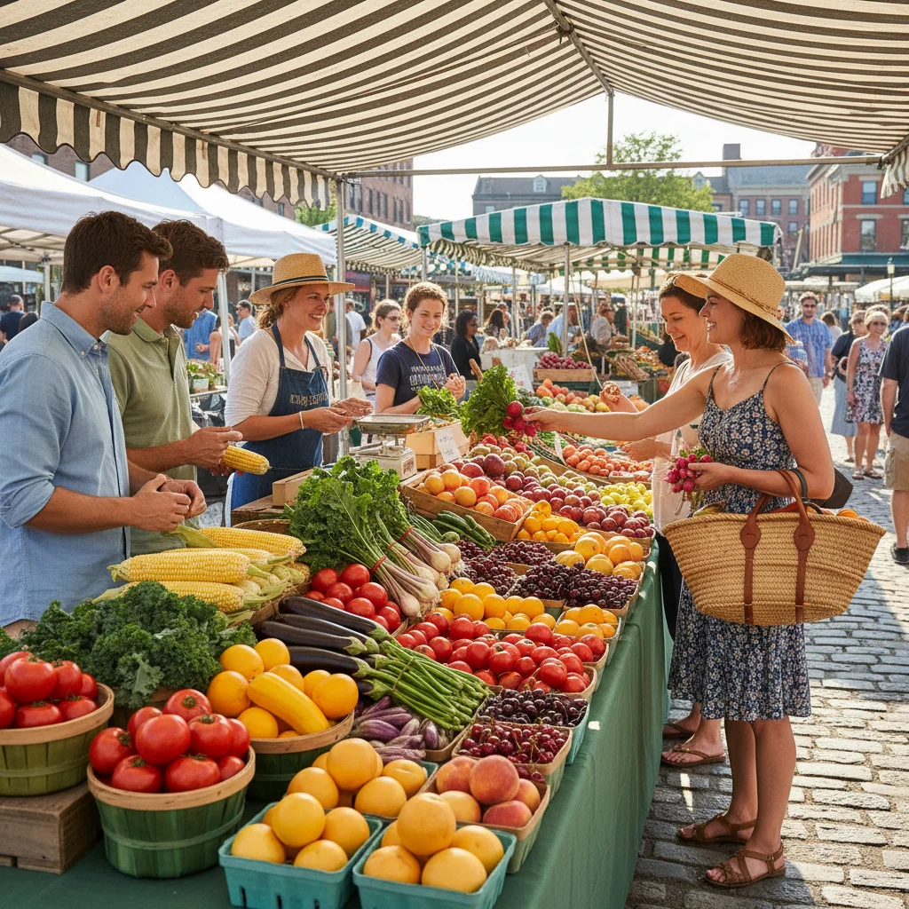 Farmers market stall with fresh, local produce and engaging customers