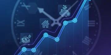 Financial graph showing an upward trend with icons of money, housing, and savings, representing the future impact of Federal Reserve policies.