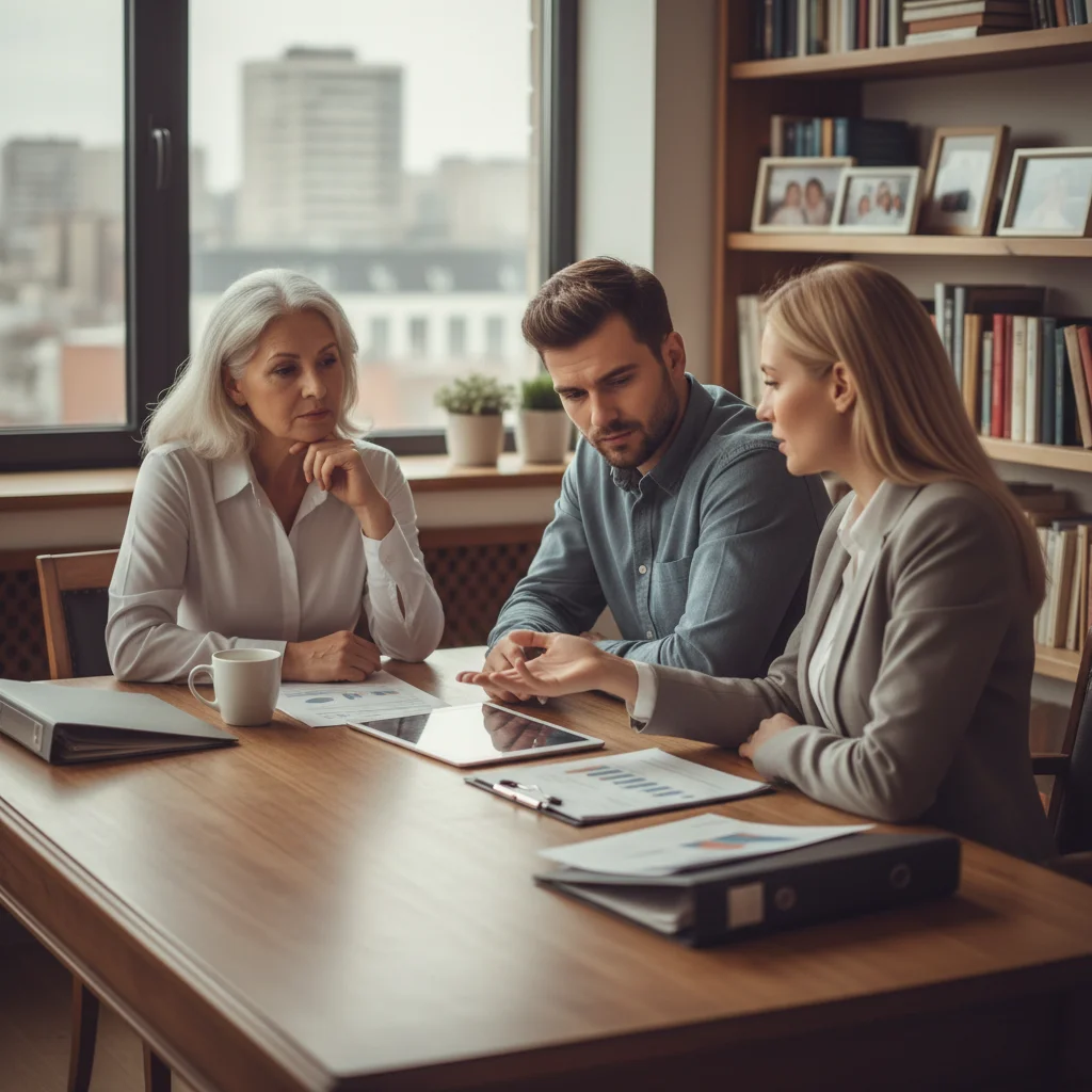 Financial advisor counseling a multi-generational family on retirement and estate planning