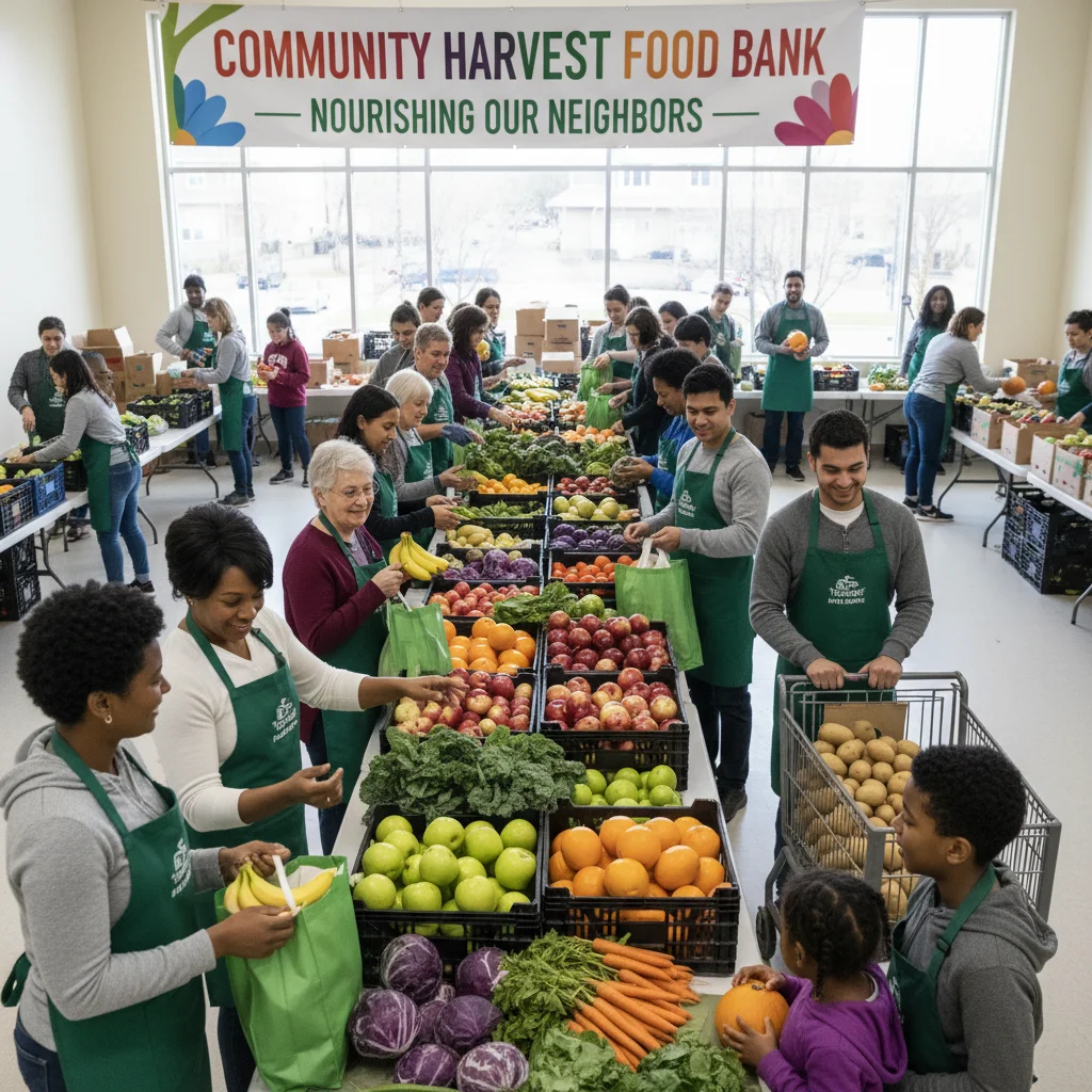 Volunteers distributing fresh produce at a community food bank, highlighting food security efforts.