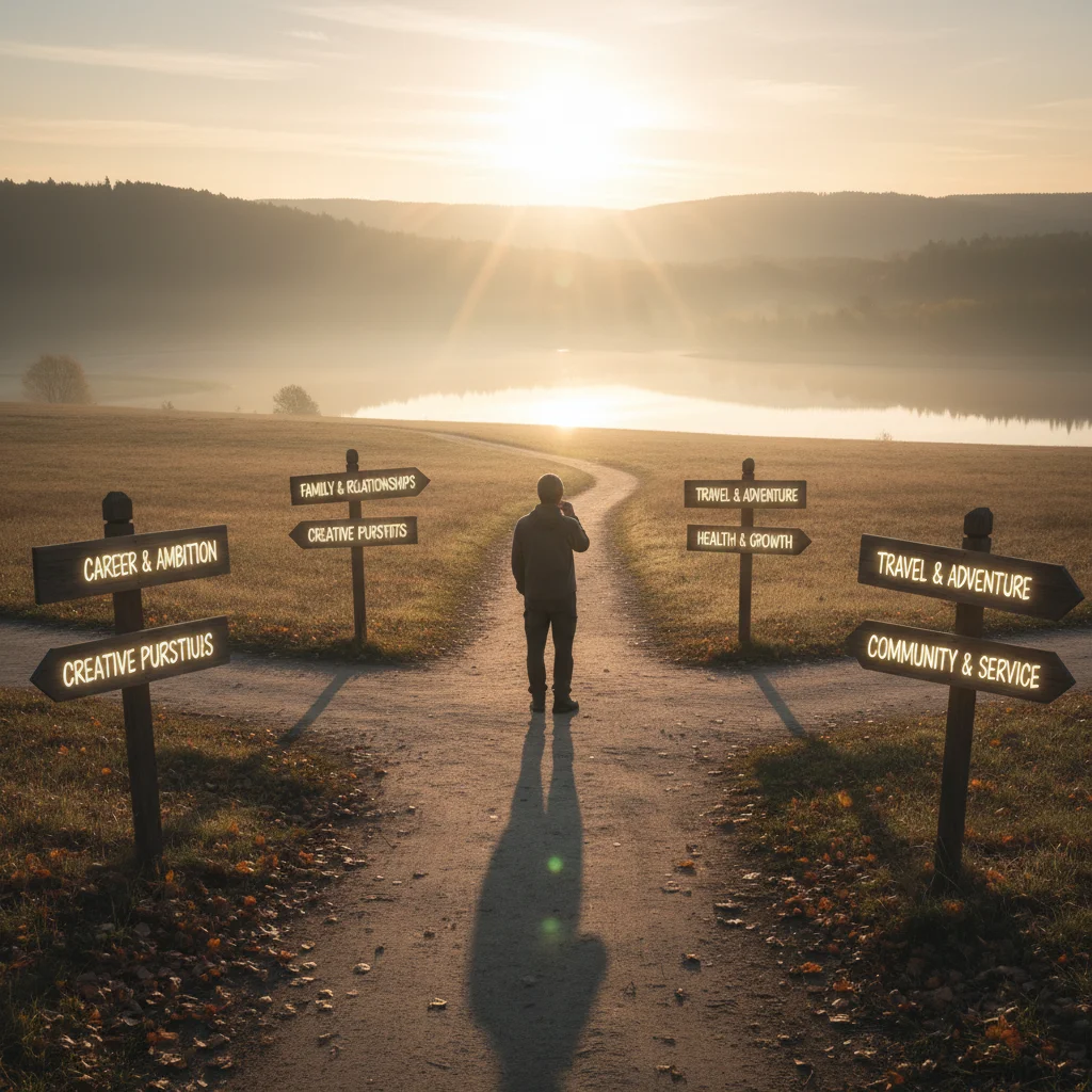 Individual at a crossroads, contemplating future goals and paths