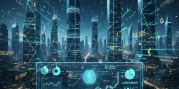 Futuristic cityscape with financial data and holographic interfaces showcasing advanced AI investment analysis.