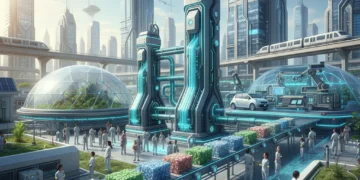 Futuristic waste-to-resource facility transforming diverse waste materials into new products, powered by green energy, symbolizing a thriving circular economy.