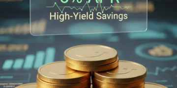 Stack of golden coins with 5% APR display, symbolizing high-yield savings growth.