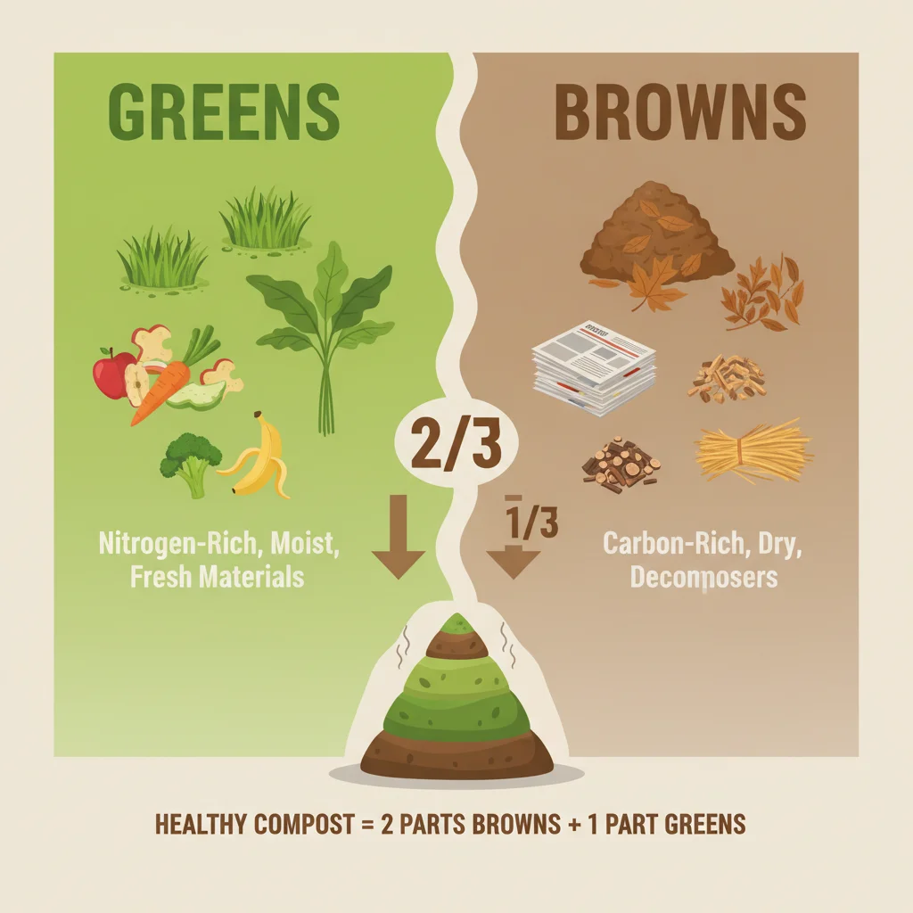 Infographic showing greens and browns balance for composting