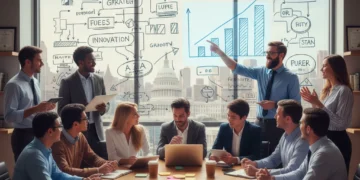 Professionals collaborating on growth strategies in a modern US office