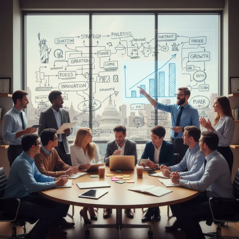 Professionals collaborating on growth strategies in a modern US office