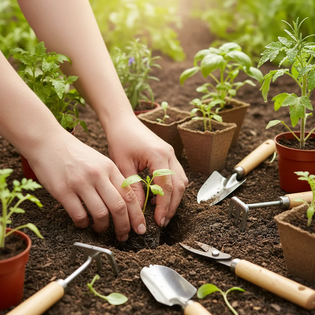 Hand planting a seedling in soil, representing personal contribution to sustainable agriculture