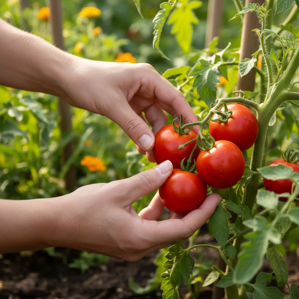 Hands harvesting ripe red tomatoes from a lush plant in a community garden, symbolizing fresh produce.