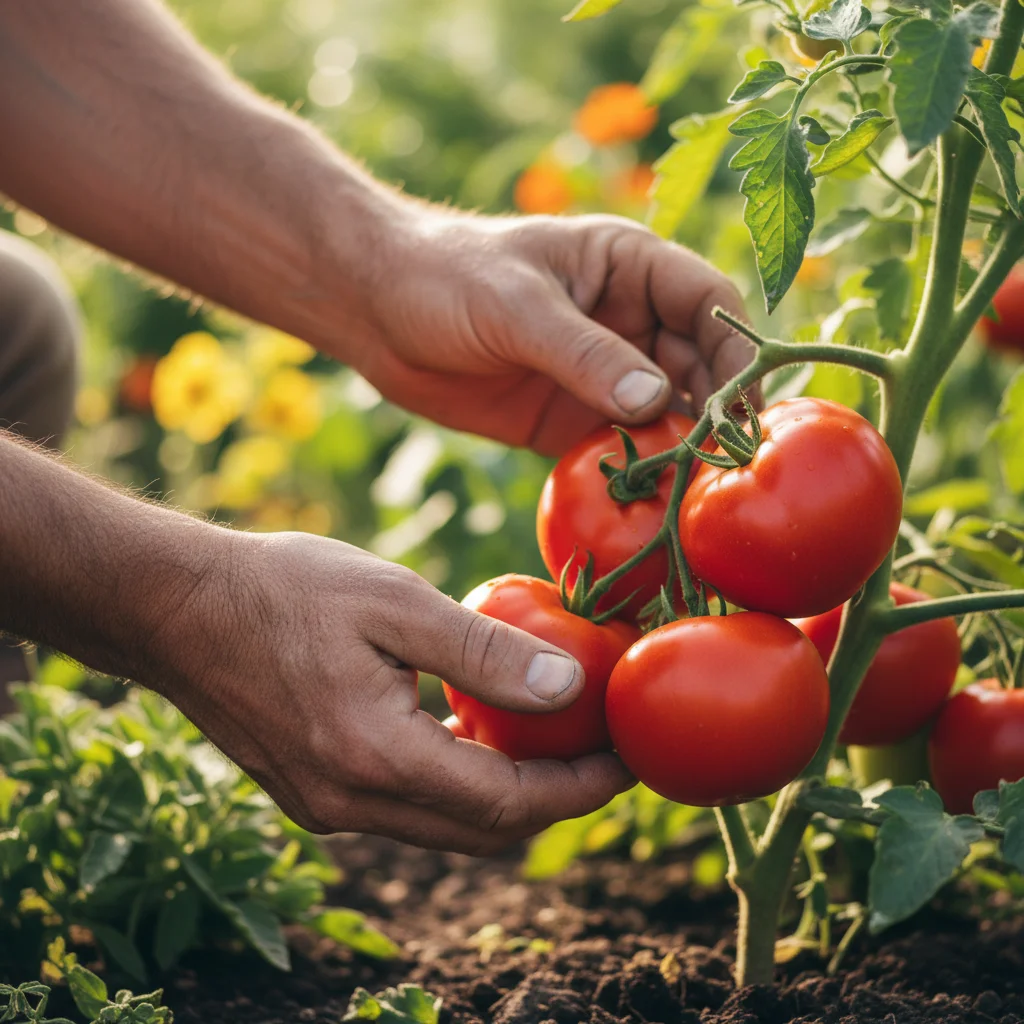 Hands harvesting fresh, ripe tomatoes in a community garden.