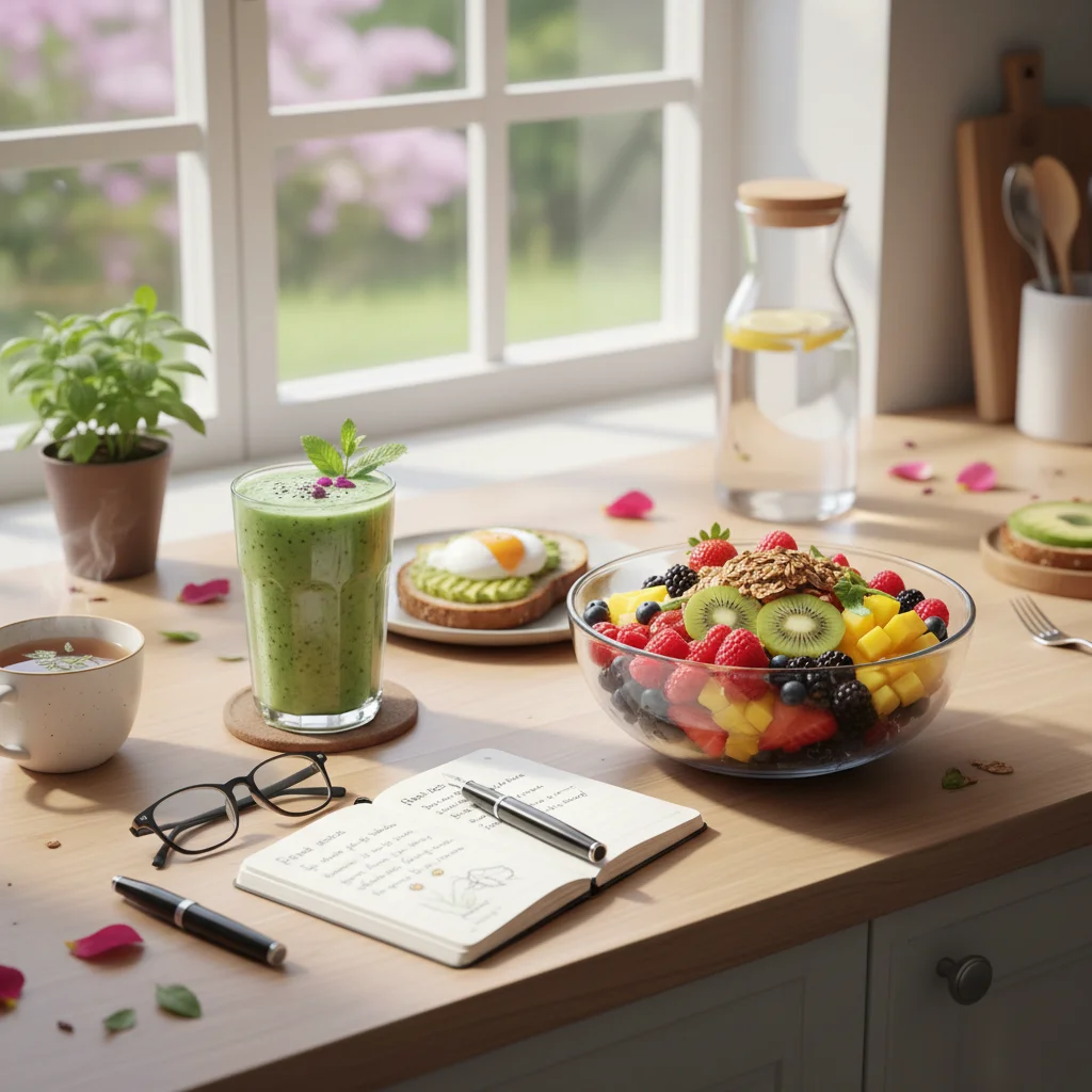 Healthy breakfast and journal for a productive morning routine.