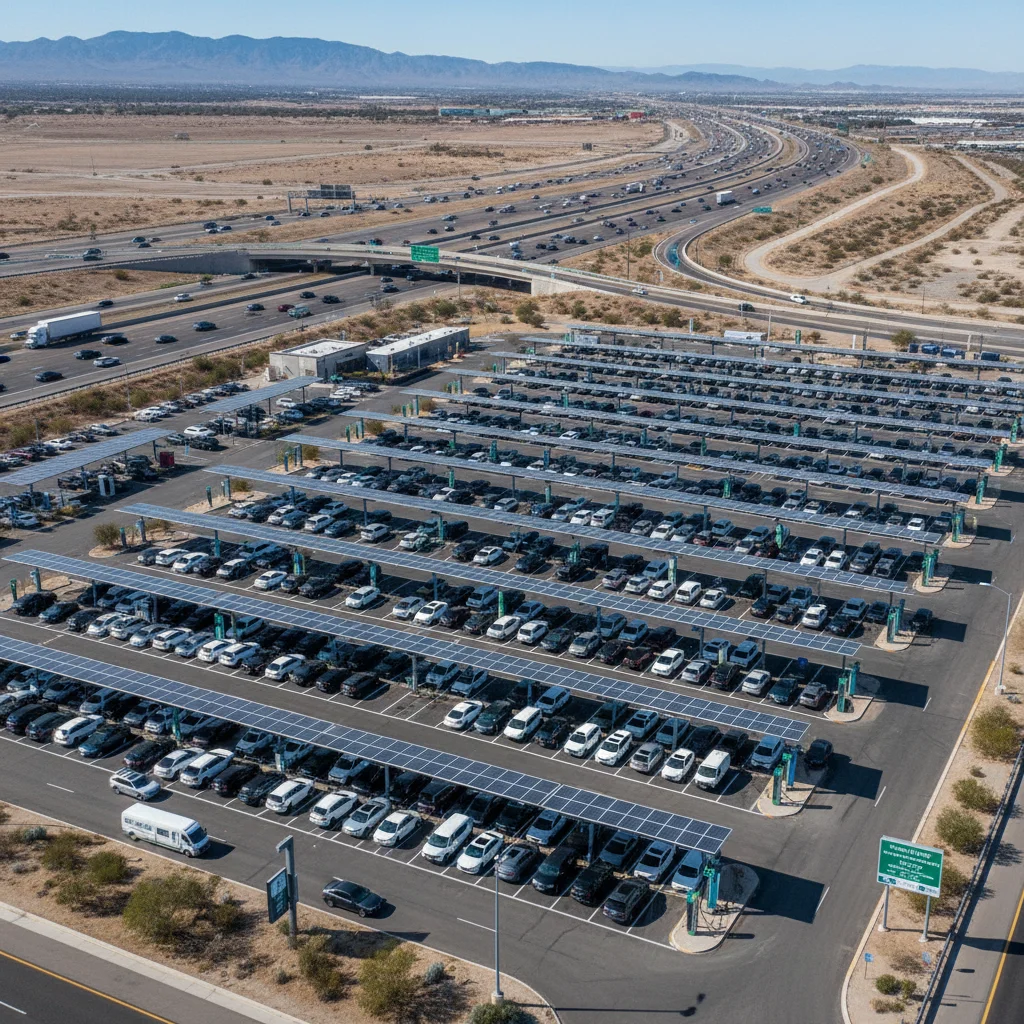 Aerial view of a large EV charging hub on a highway, illustrating expanded public charging infrastructure in the US.