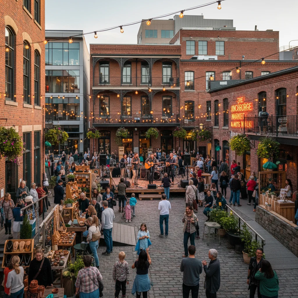 Revitalized historic district with lively outdoor market and performance