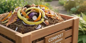 Home composting bin with organic waste, healthy garden background