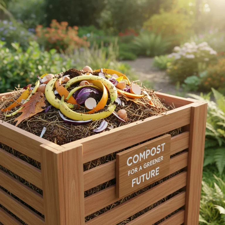 Home composting bin with organic waste, healthy garden background