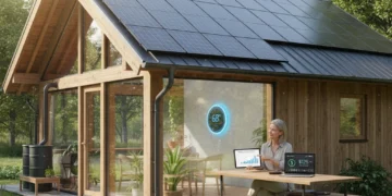 Homeowner reviewing energy audit report on tablet in modern eco-friendly home
