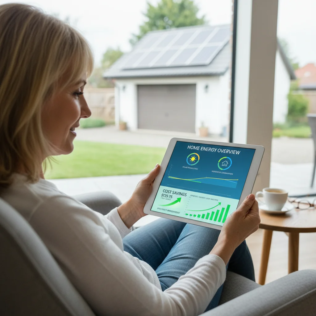Homeowner monitoring solar energy production and savings on a tablet dashboard.