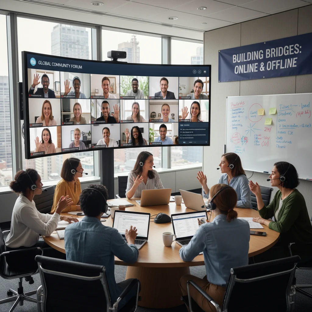 Hybrid community meeting with in-person and virtual participants collaborating.