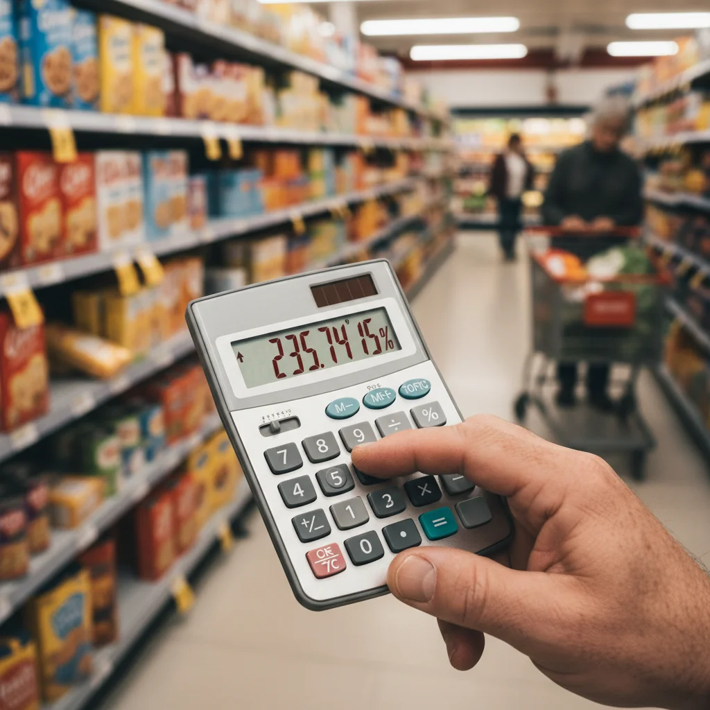 Calculator showing increased costs due to inflation in a grocery setting.